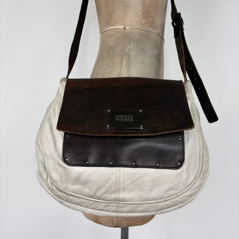 Distressed diesel leather slouchy messenger bag