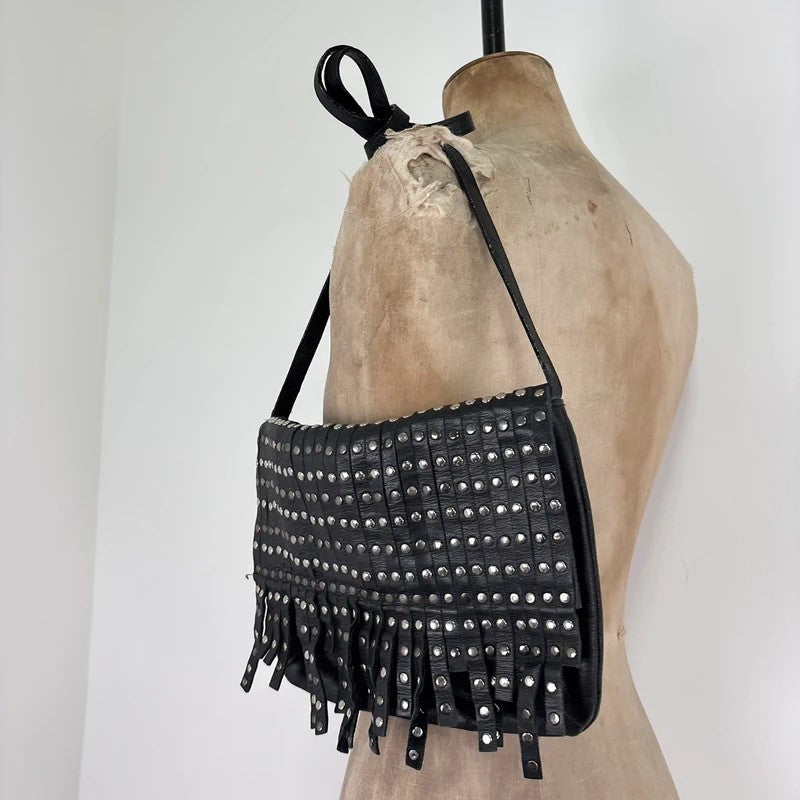 Black leather studded tassel crossbody bag