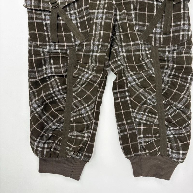 khaki tartan puff cinched capri trousers