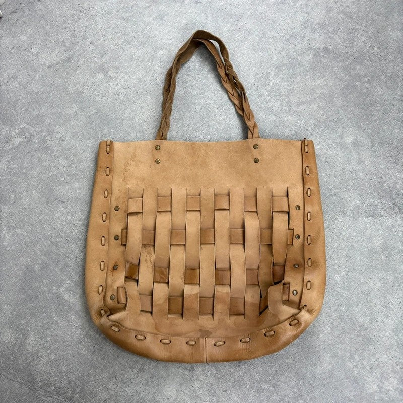 Beige leather woven distressed shoulder bag