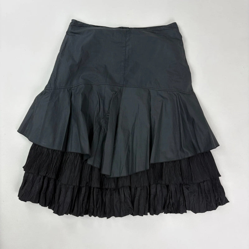 black pleated layered flared midi skirt