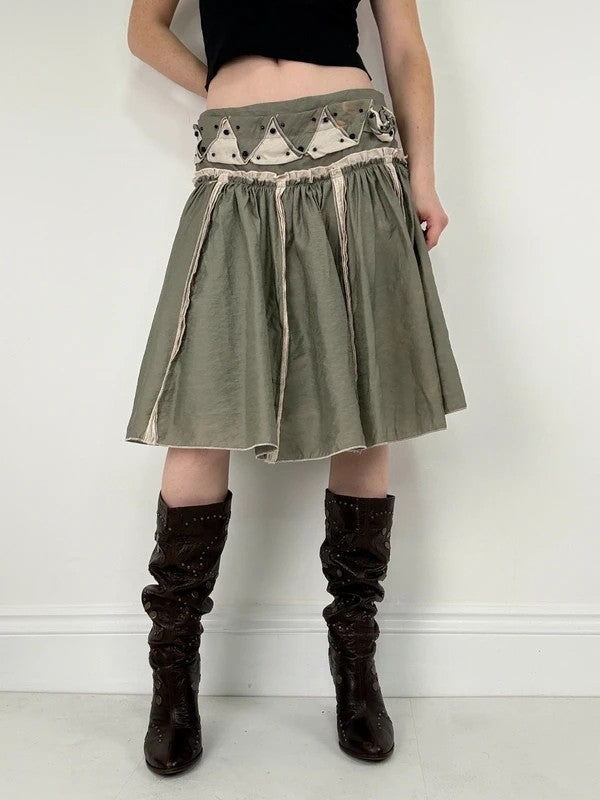 khaki pleated drop waist midi skirt