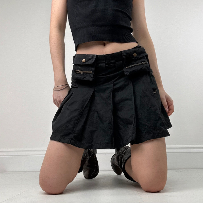 black pleated flared utility mini skirt
