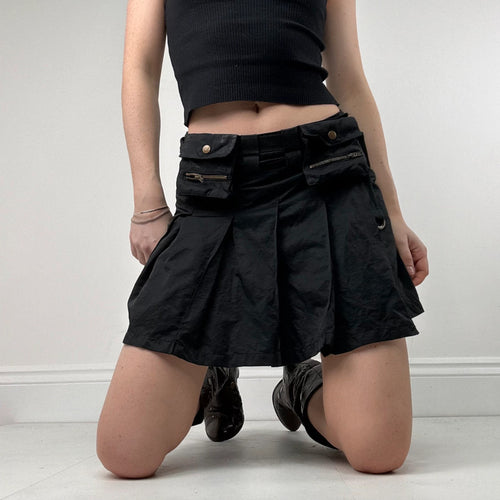 black pleated flared utility mini skirt