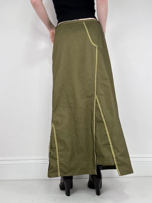 asymmetric khaki maxi skirt