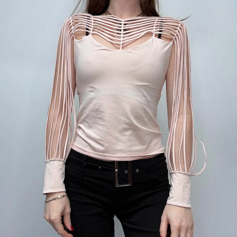 pastel pink cut-out sleeve flared shirt