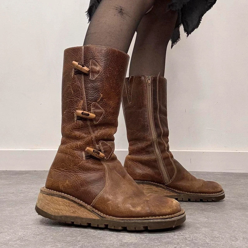 tan leather heeled toggle boots
