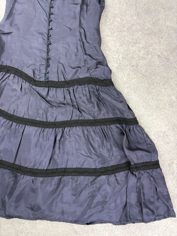 navy and lack lace flared tiered midi dress