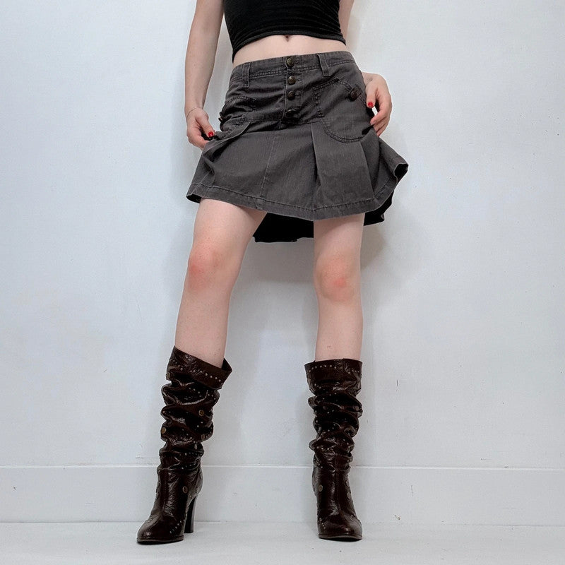 asymmetric grey distressed pleated mini skirt