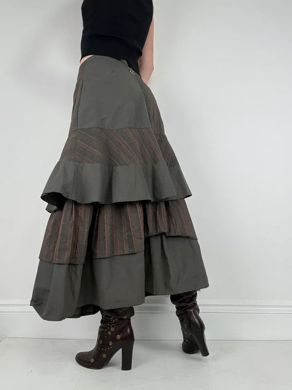 Khaki layered pinstripe maxi skirt