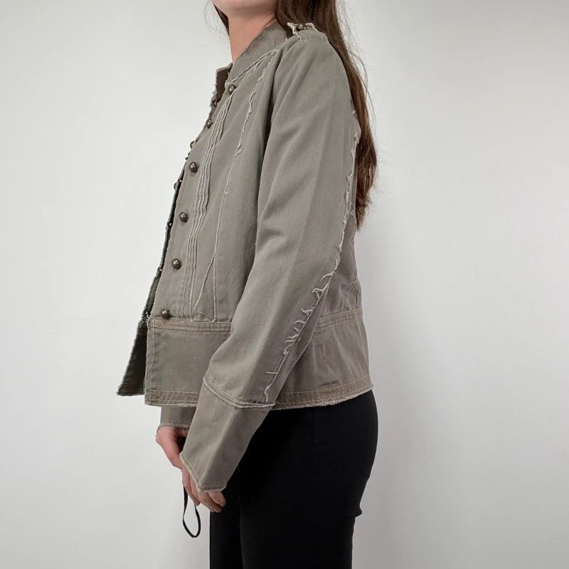 khaki military cotton utility jacket with hook and eyes