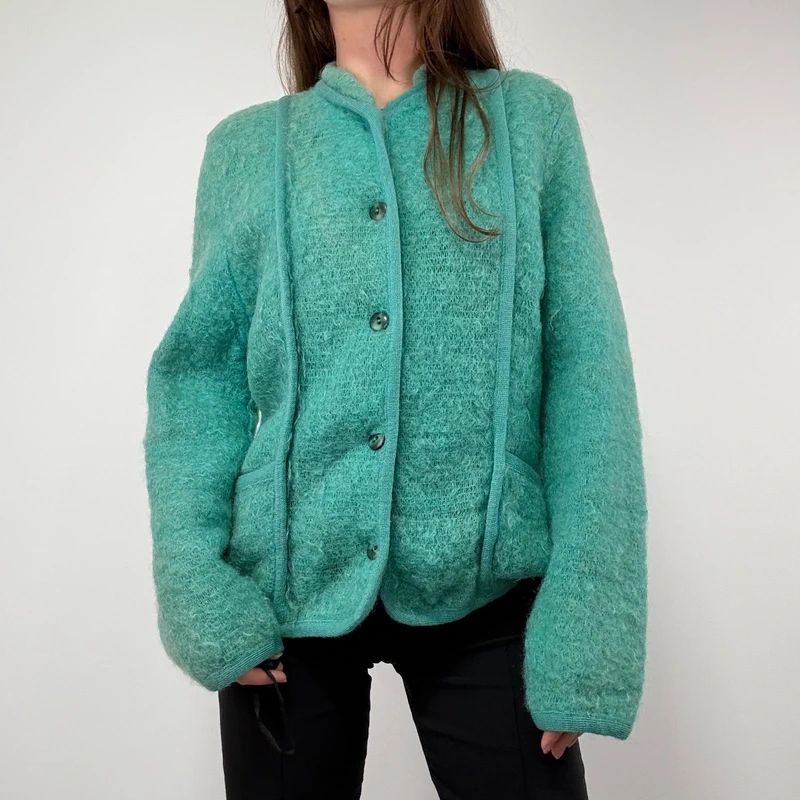 Green Mohair panelled Slouchy Cardigan knit