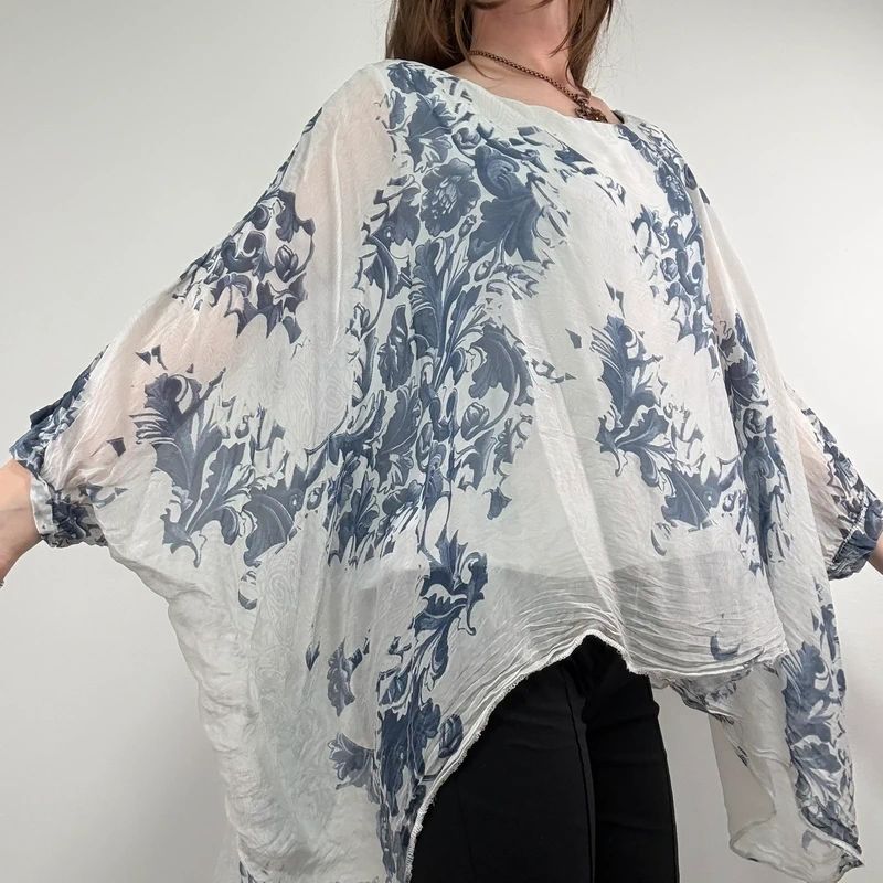 white and blue silk draped regency printed batwing blouse