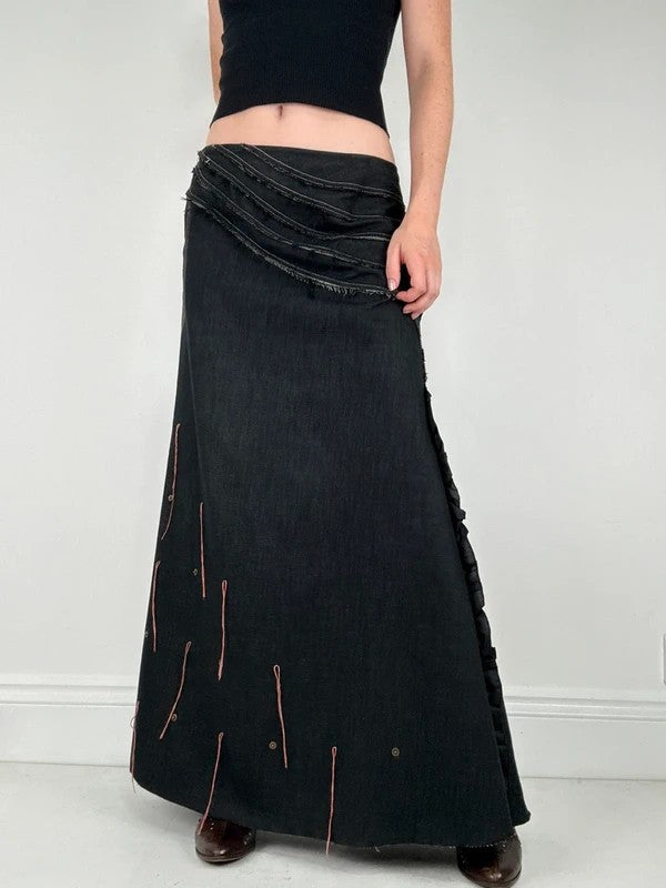 Flared black distressed maxi skirt