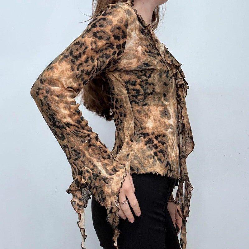 flutter ruffle flared leopard blouse