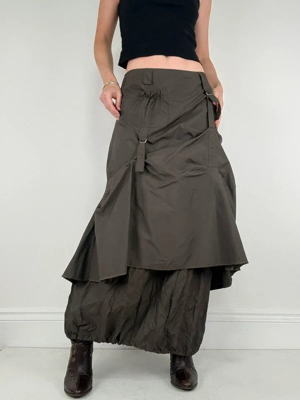 khaki layered tech utility maxi skirt