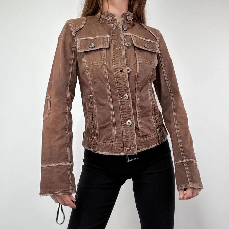 distressed brown cargo denim jacket