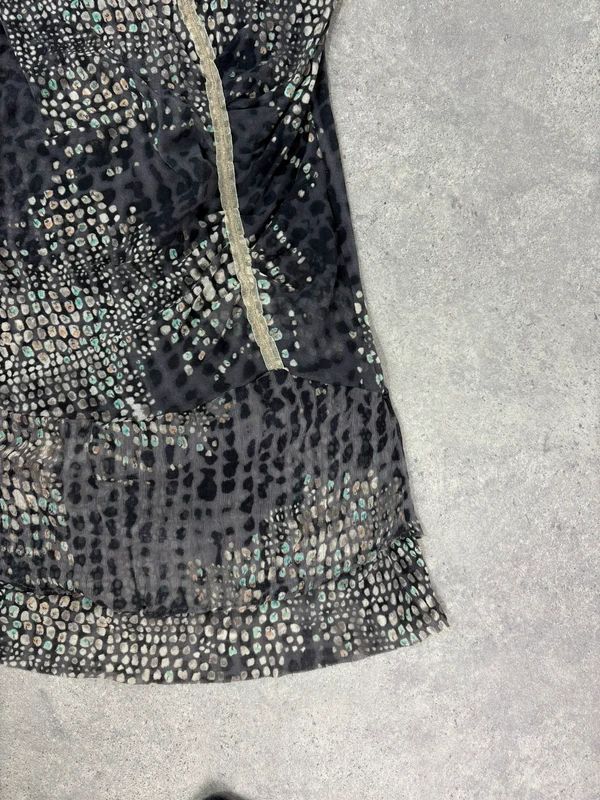 slouchy grey polkadot snake cowl neck draped mini dress