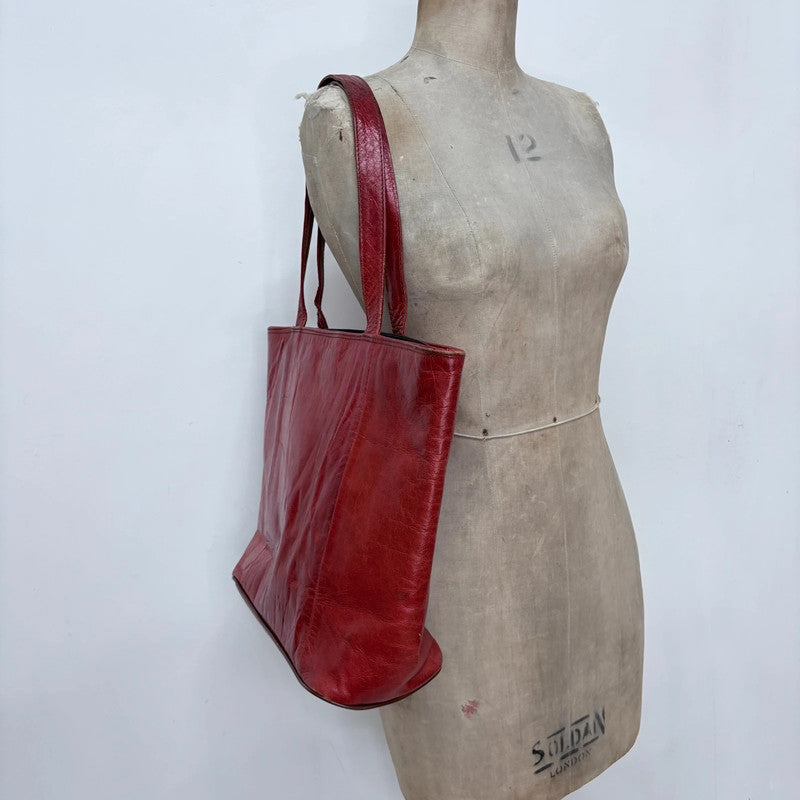 red leather tote bag