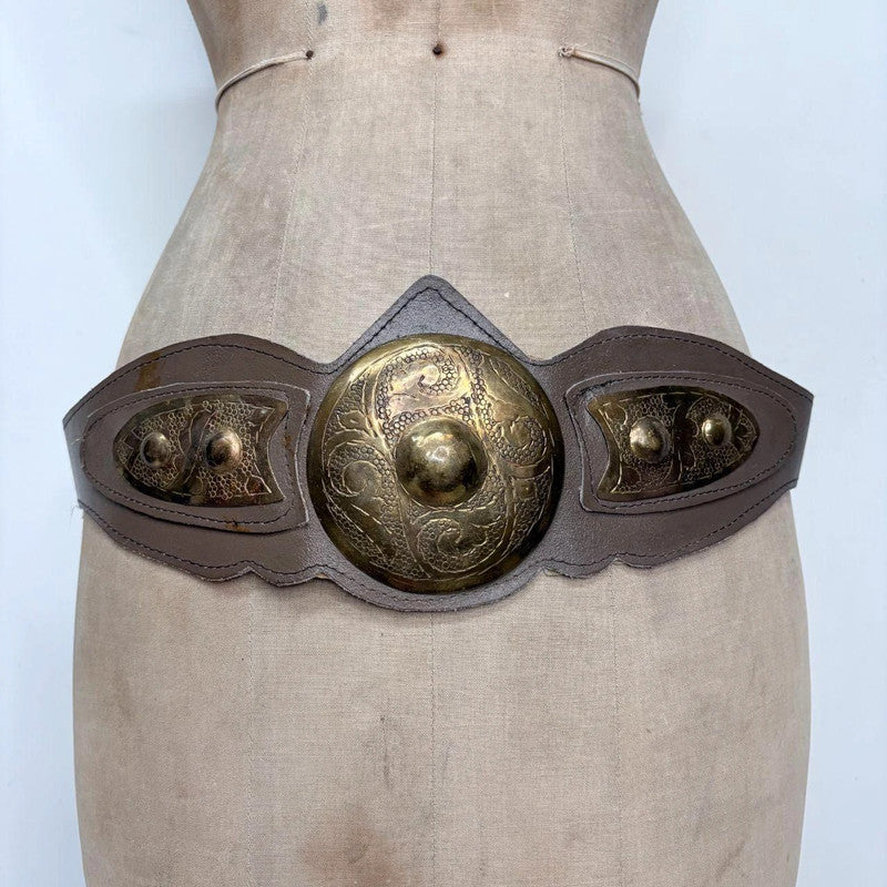 brown western leather studded metal belt