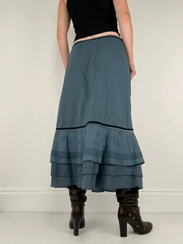 Blue cotton lace tiered maxi skirt