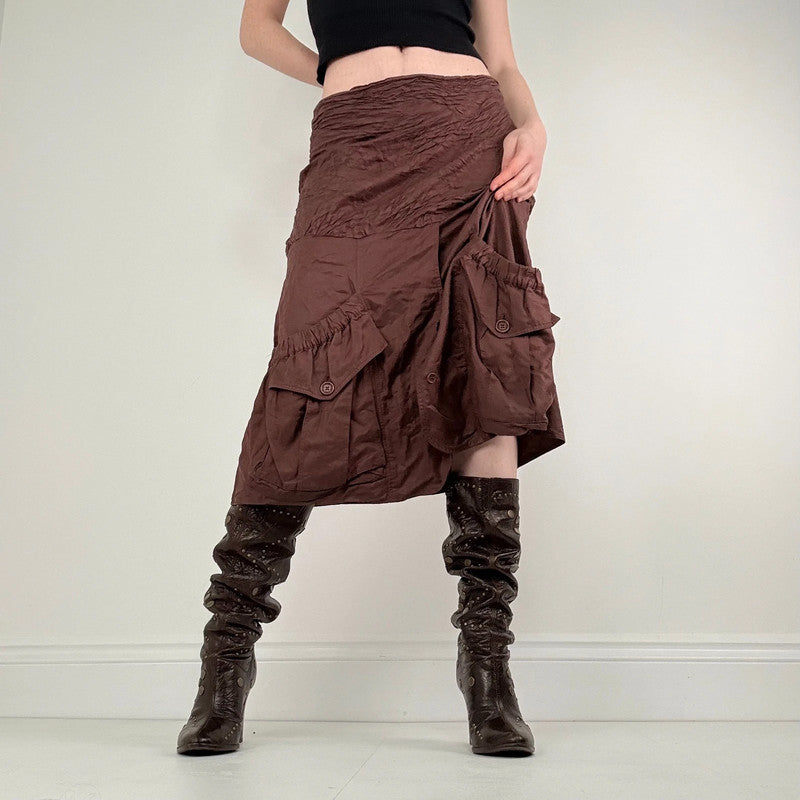brown crinkle pleated puff skirt