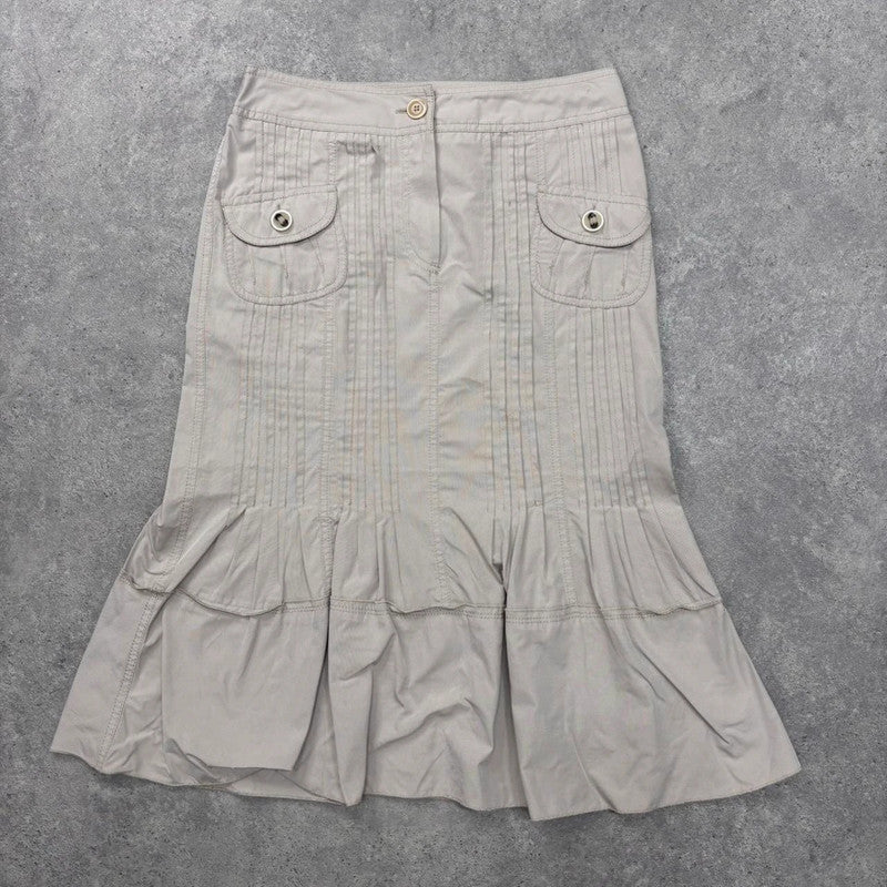 tan pleated flared midi skirt