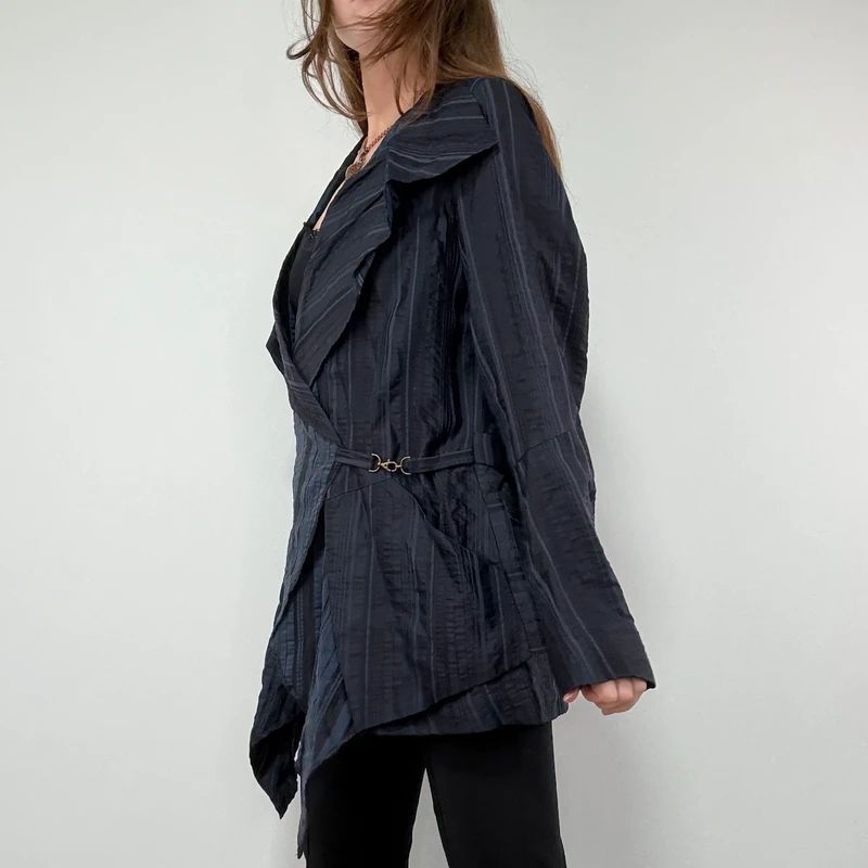 Navy Pinstripe Asymmetric Ruffle Jacket