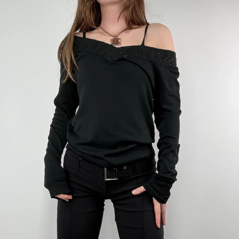 slouchy black off the shoulder glitter ribbed sweater
