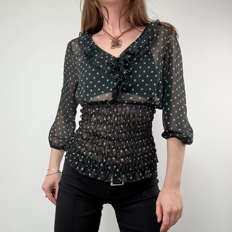 sheer black polkadot cinched shirt