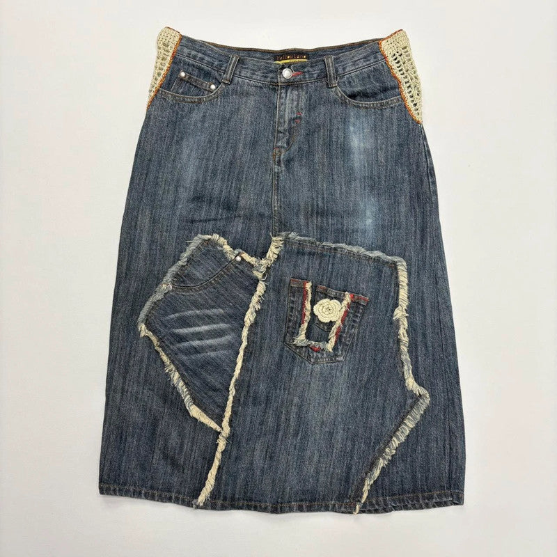 Contrast denim distressed crochet skirt