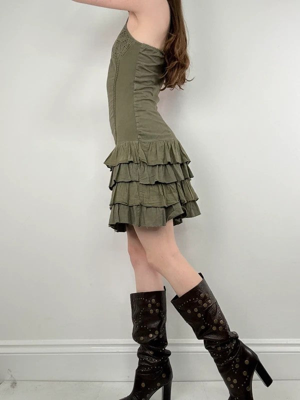 Khaki cotton ruffle lace mini dress