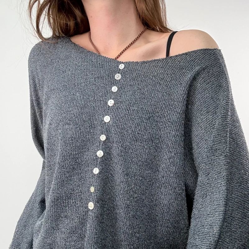 grey henley button detailed slouchy off the shoulder t-shirt