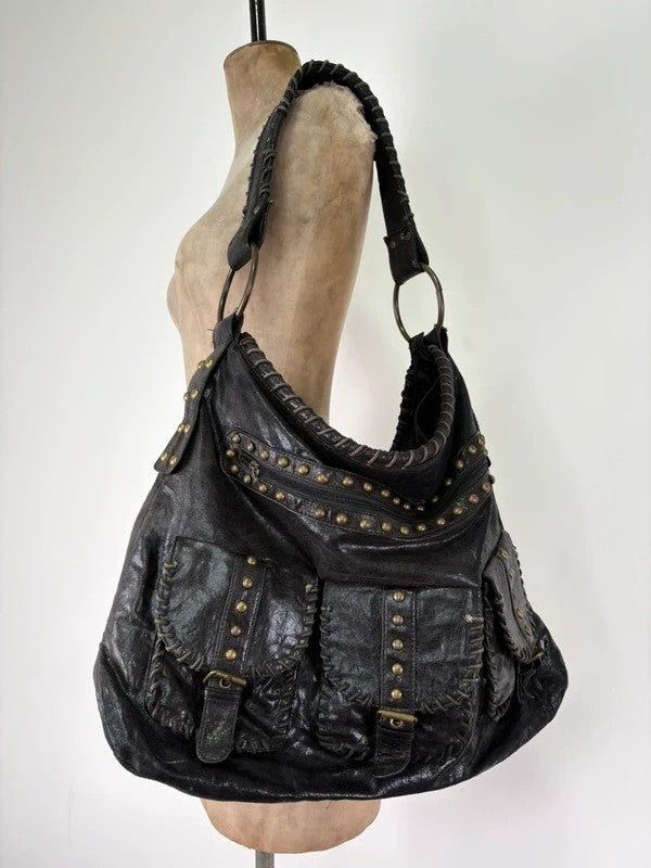 Black studded stitched slouchy shoulder bag