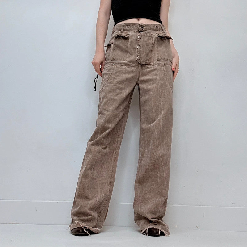 drop waist brown denim utility belted jeans