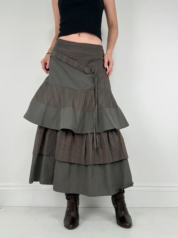 Khaki layered pinstripe maxi skirt