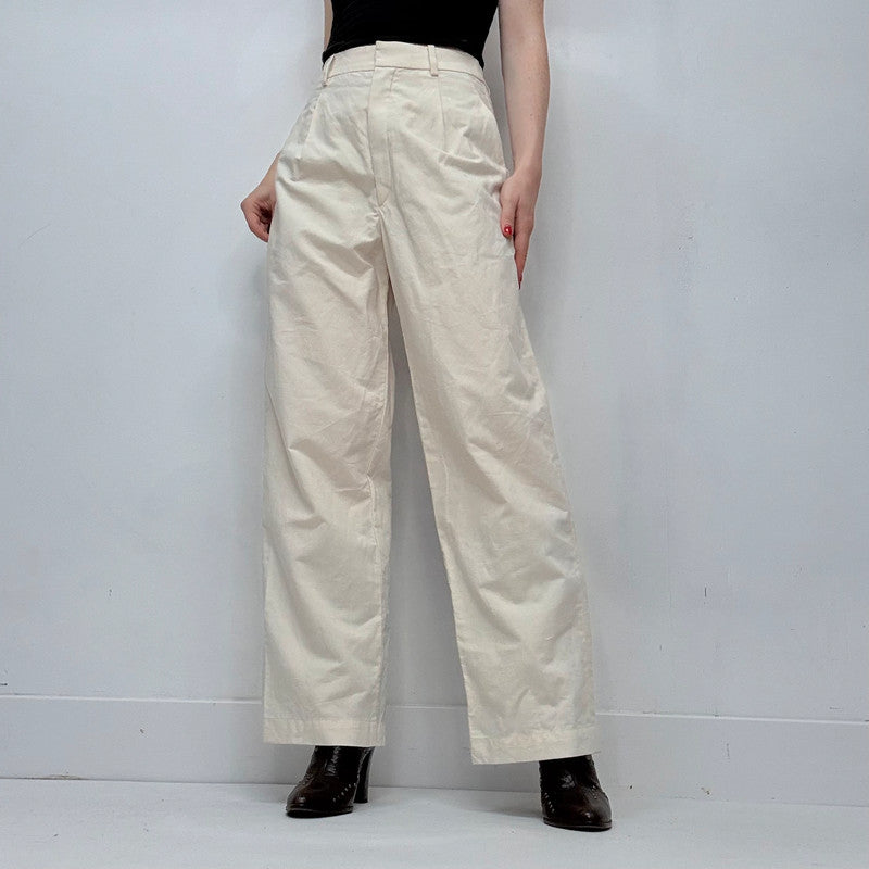 cream linen uniqlo wide leg pleated front trousers