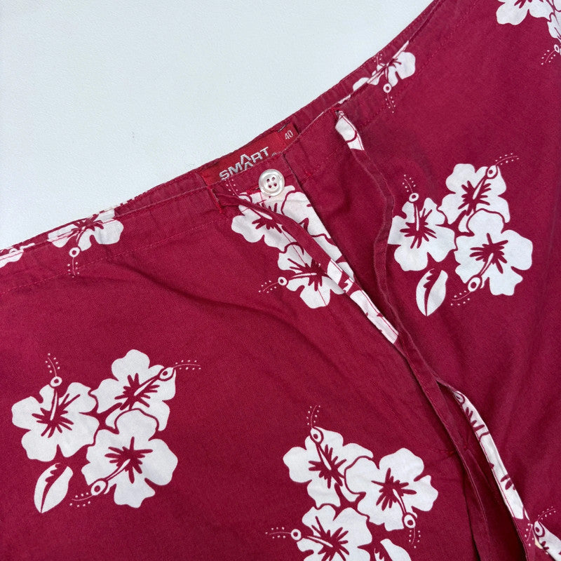 red cotton wide leg printed trousers