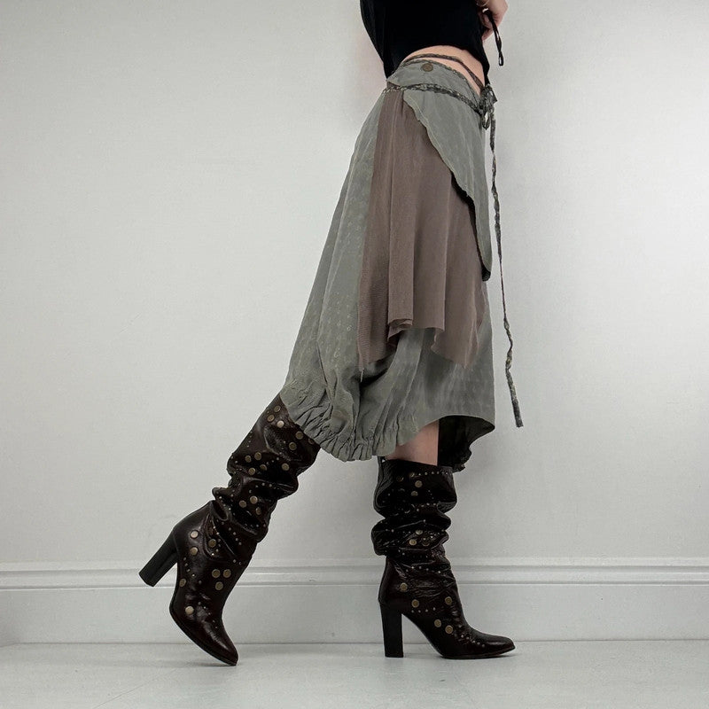 asymmetric gathered puff pleated khaki midi skirt