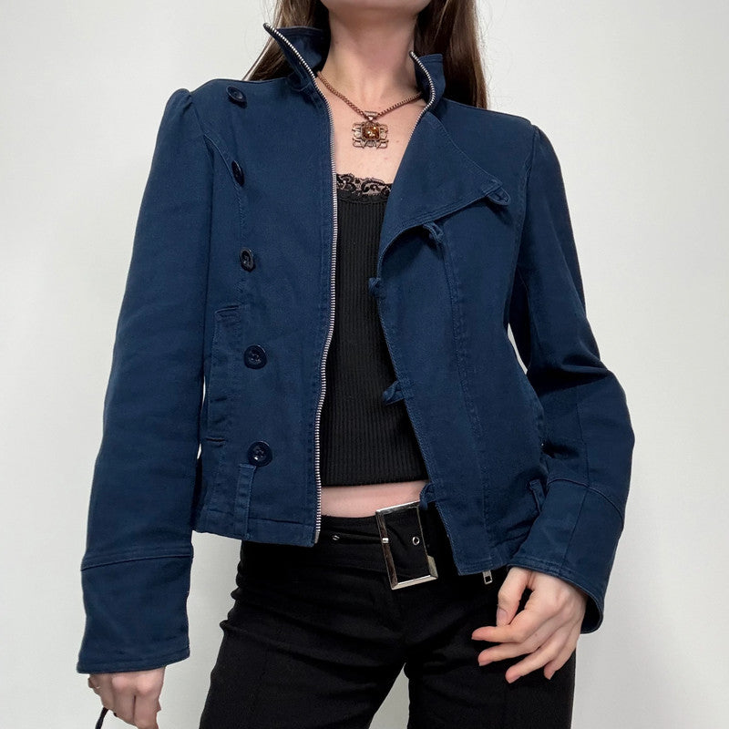 blue asymmetric button military jacket