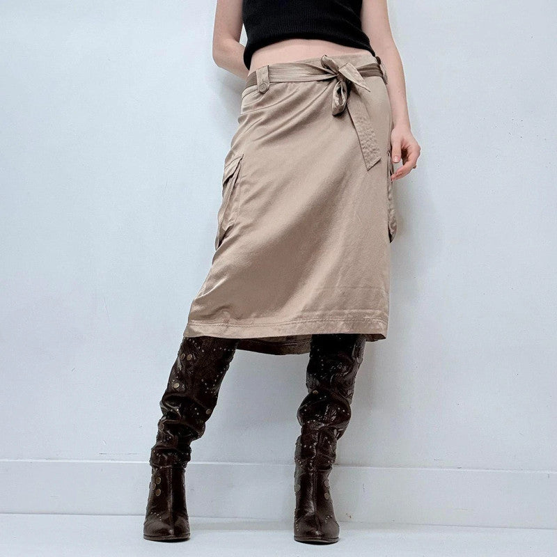 brown cargo 100% silk midi skirt