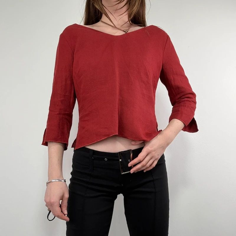 red linen flared fitted slit blouse top
