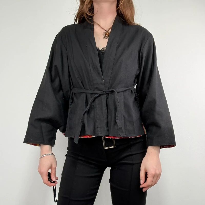 black linen boxy cropped kimono jacket