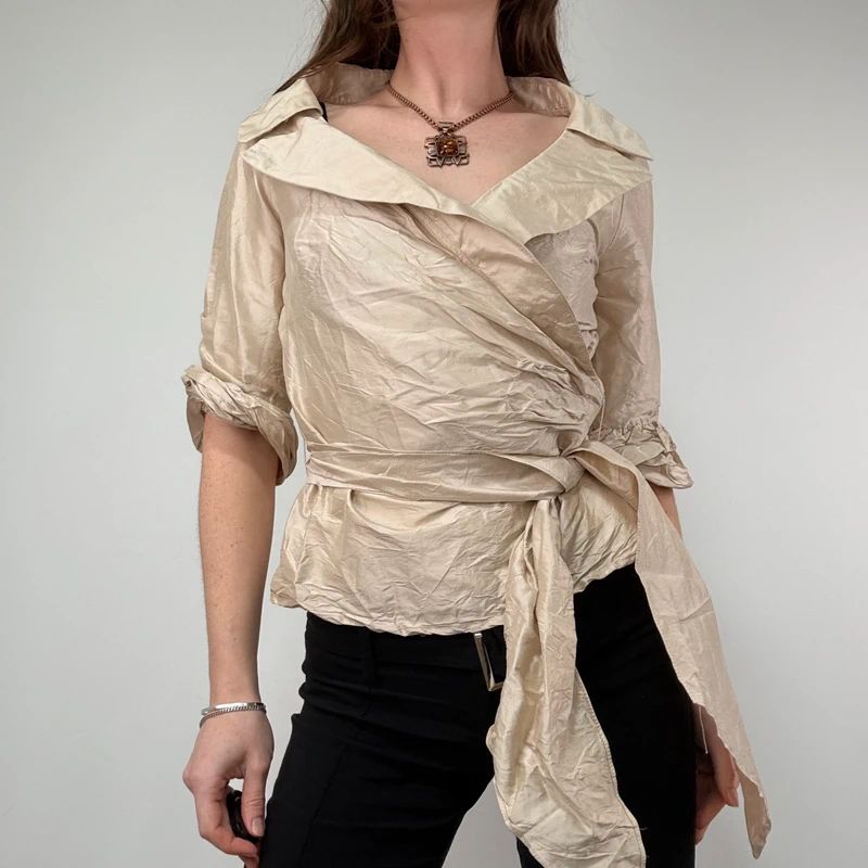 gathered crinkle silk structured wrap shirt