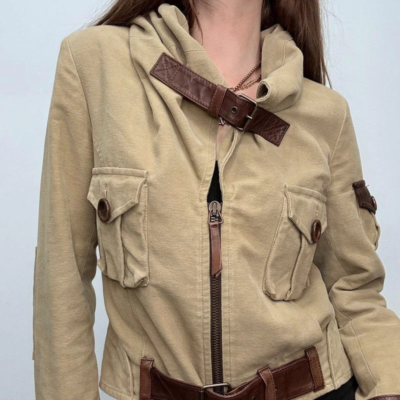 buckle belted flared cargo jacket
