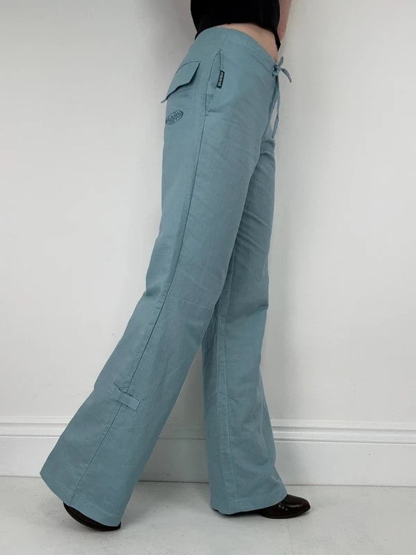 aqua blue wide leg linen trousers