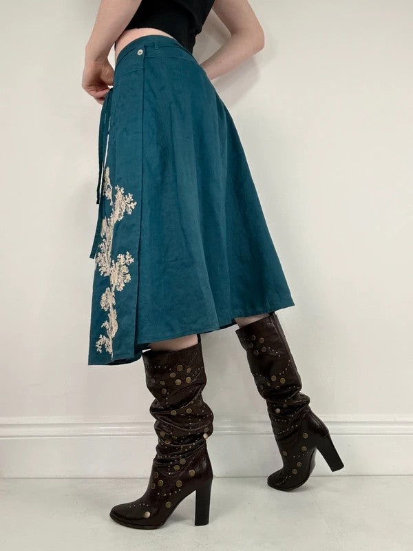 blue linen embroidered wrap lace midi skirt
