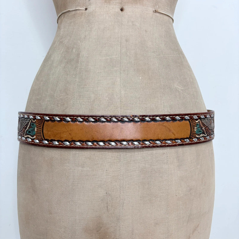 Western engraved brown leather boho belt