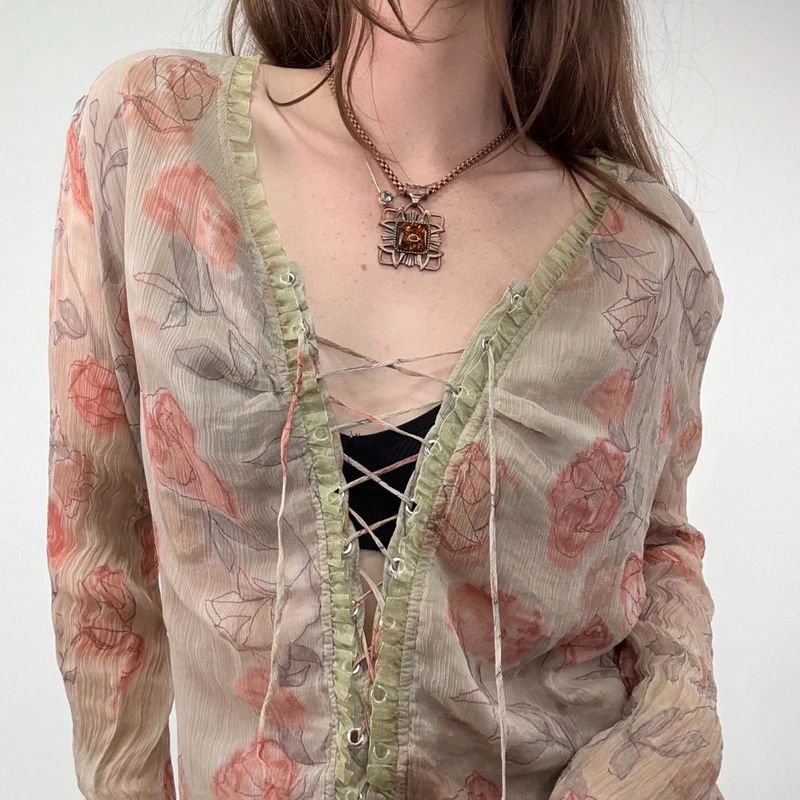 Sheer Crinkle Floral Lace-Up Fairy Shirt