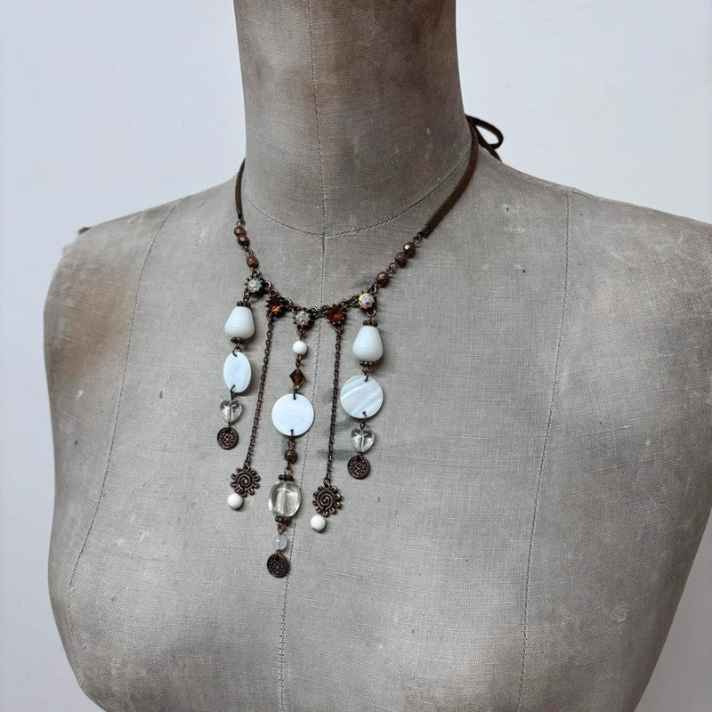 layered chain pearl charm necklace